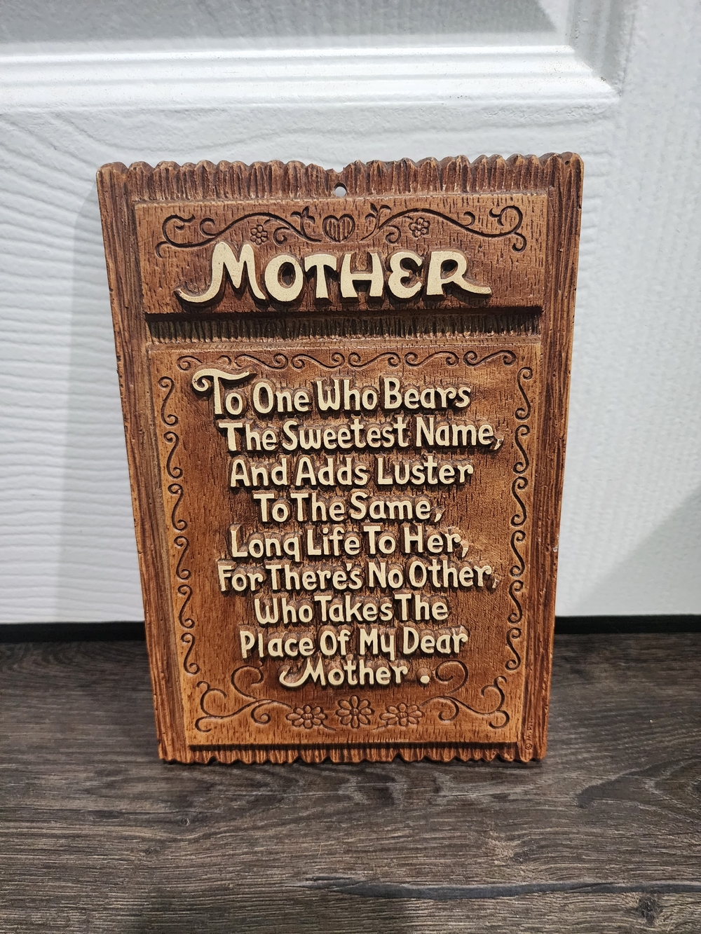 Vintage “Mother” Wood Look Plastic Plaque. Marked Multi Products Inc. #1566 on b